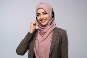 portrait of asian muslim businesswoman wearing headset and smiling customer service concept ai generated photo